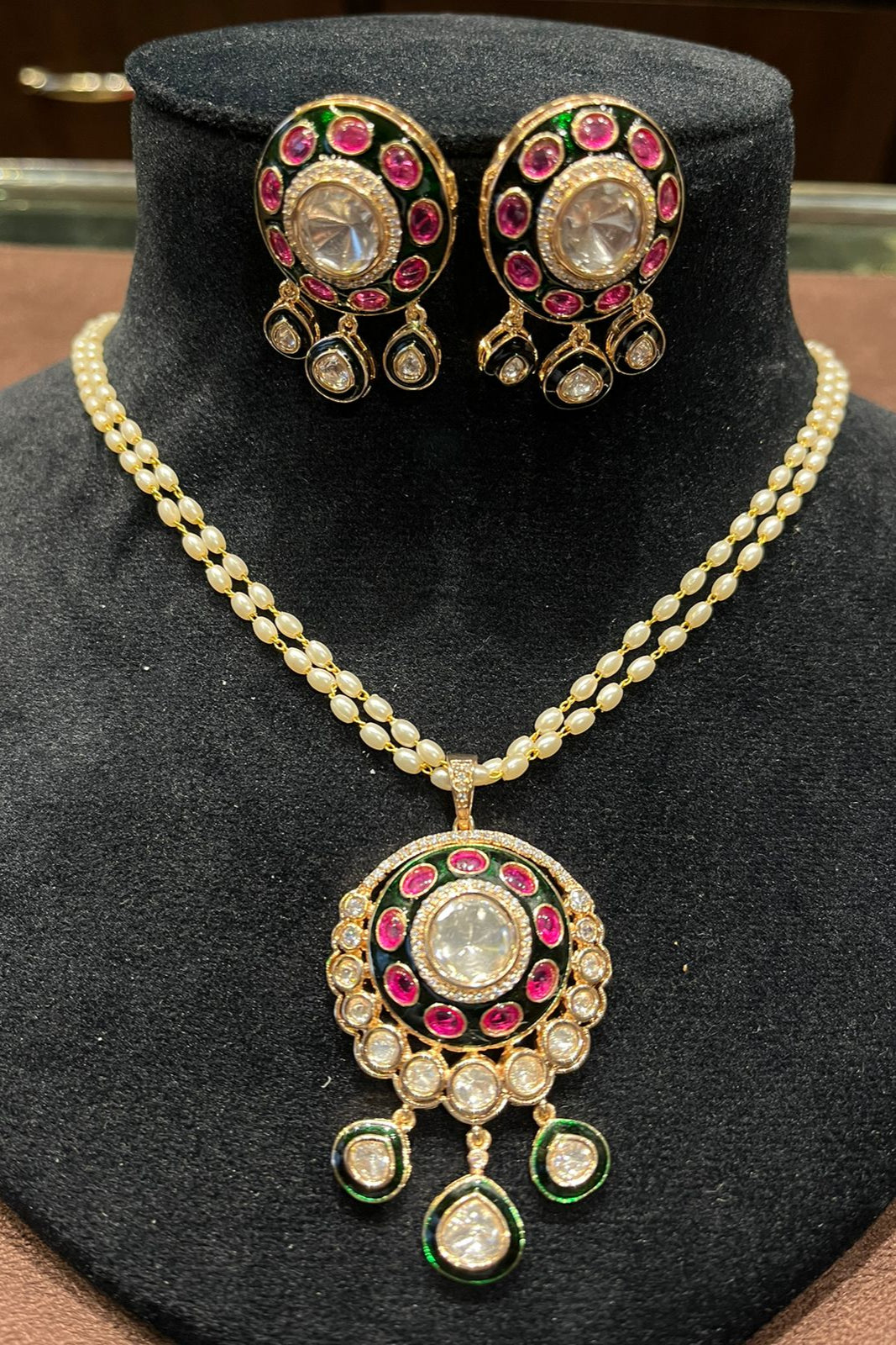 Grand Kundan & Pearl Necklace Set | Meenakari Enamel & Dangle Earrings