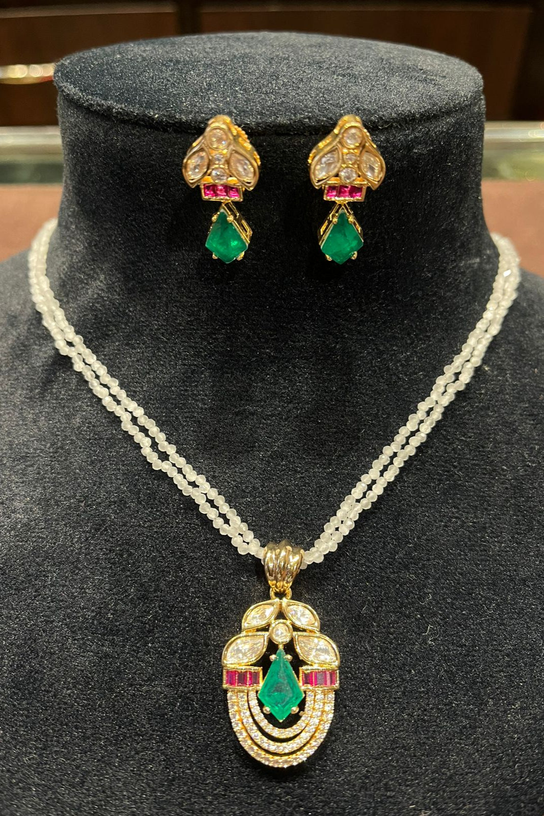 Elegant Emerald & Clear Stone Necklace Set | Beaded Chain with Matching Earrings