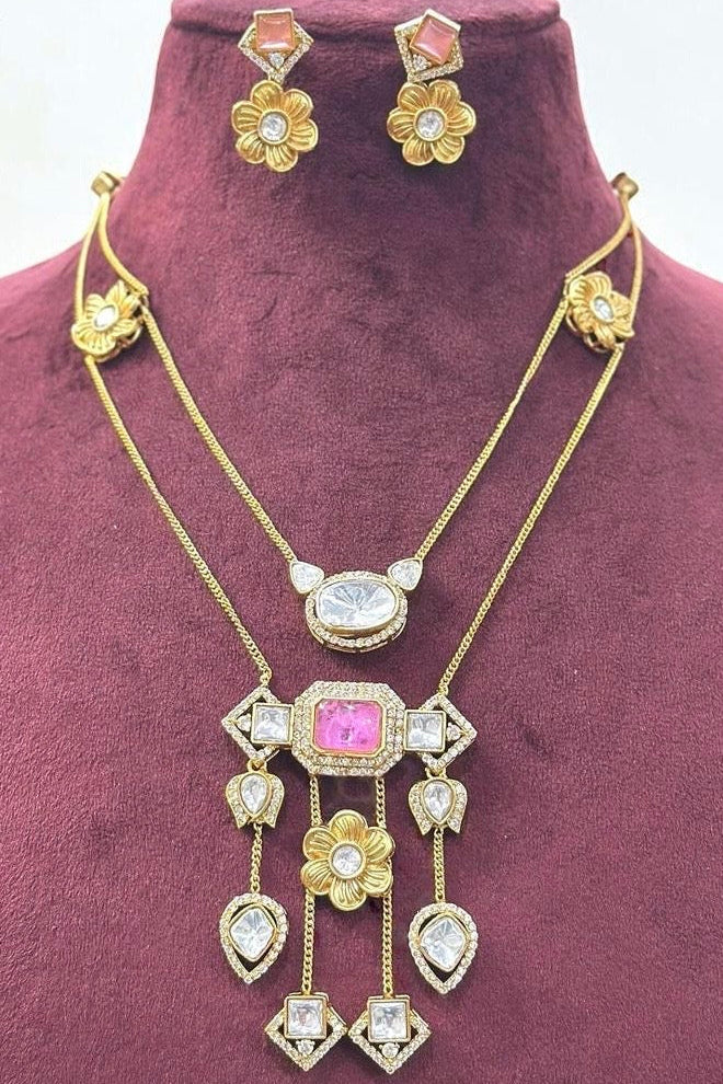Exquisite Gold-Toned & Pink Stone Necklace Set | Elegant Dangle Jewelry