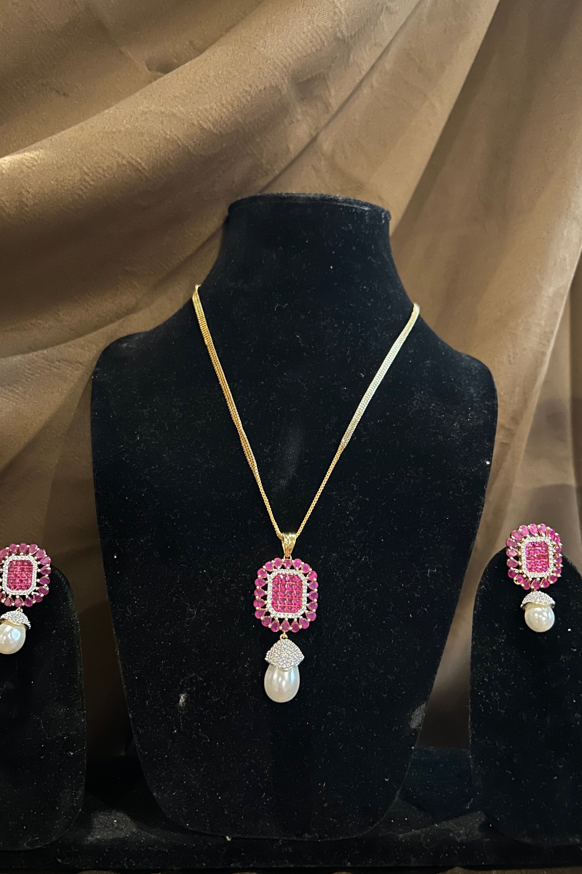 Ruby and Pearl Jewelry Set | Gold Necklace & Earrings