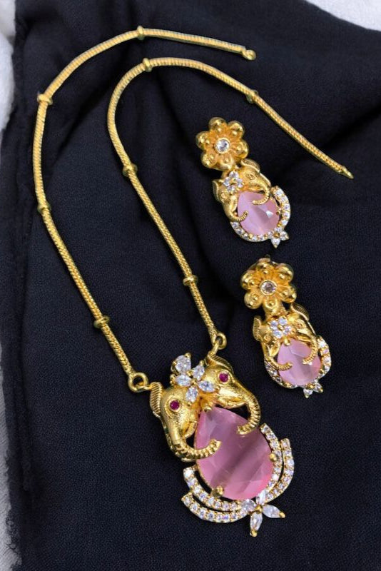 Gold-Plated Pink Stone Pendant Necklace Set with CZ Detailing