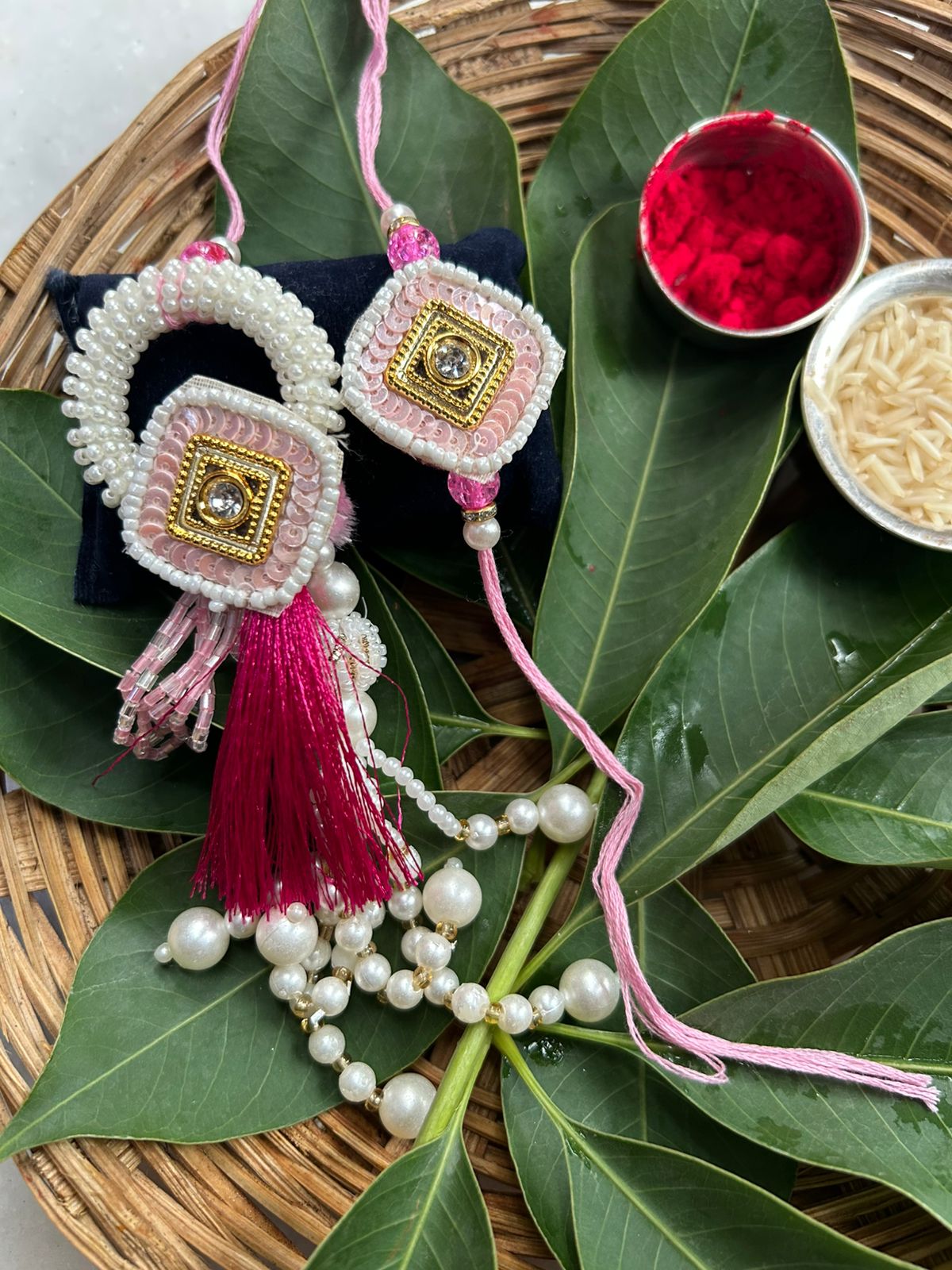 Handcrafted Pink Pearl Rakhi & Lumba Set – Bhaiya Bhabhi Designer Rakhi Combo for Raksha Bandhan 2025