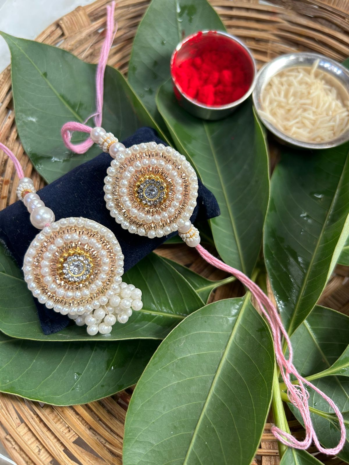 Handcrafted Round Pearl Rakhi Set – Bhaiya Bhabhi Designer Combo for Raksha Bandhan 2025