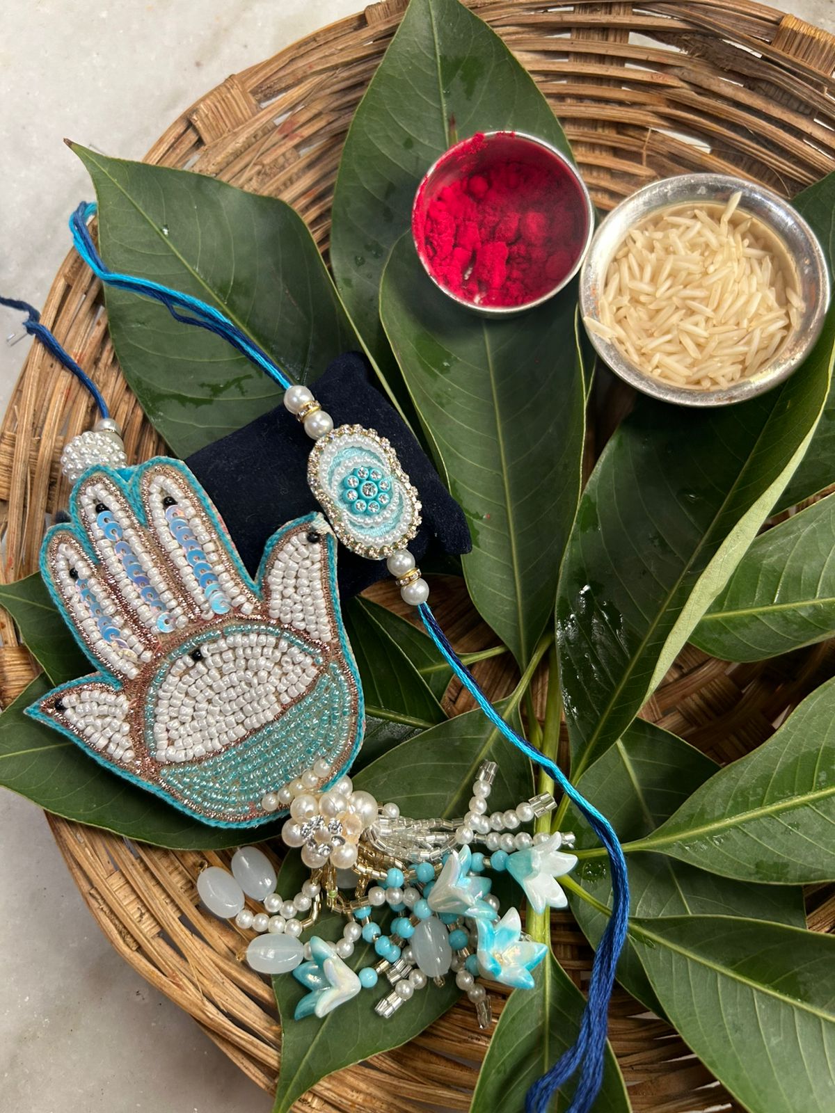 Evil Eye & Hamsa Hand Rakhi Set – Designer Nazar Rakhi for Bhaiya Bhabhi in Blue Beads for Raksha Bandhan 2025