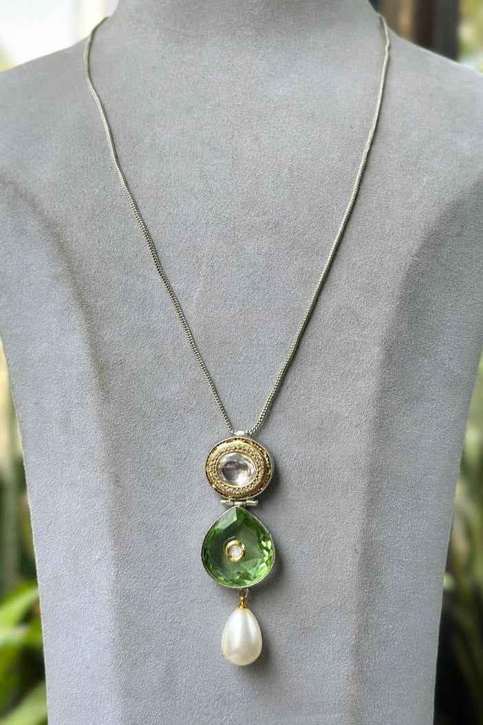 Elegant Green & Clear Stone Necklace with Pearl Drop | Stylish Pendant Jewelry