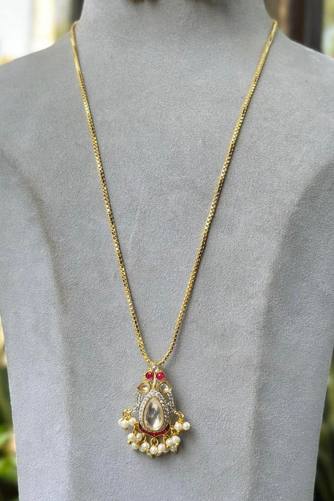 Traditional Kundan & Pearl Necklace Set | Red Stone & Clear Stone Pendant