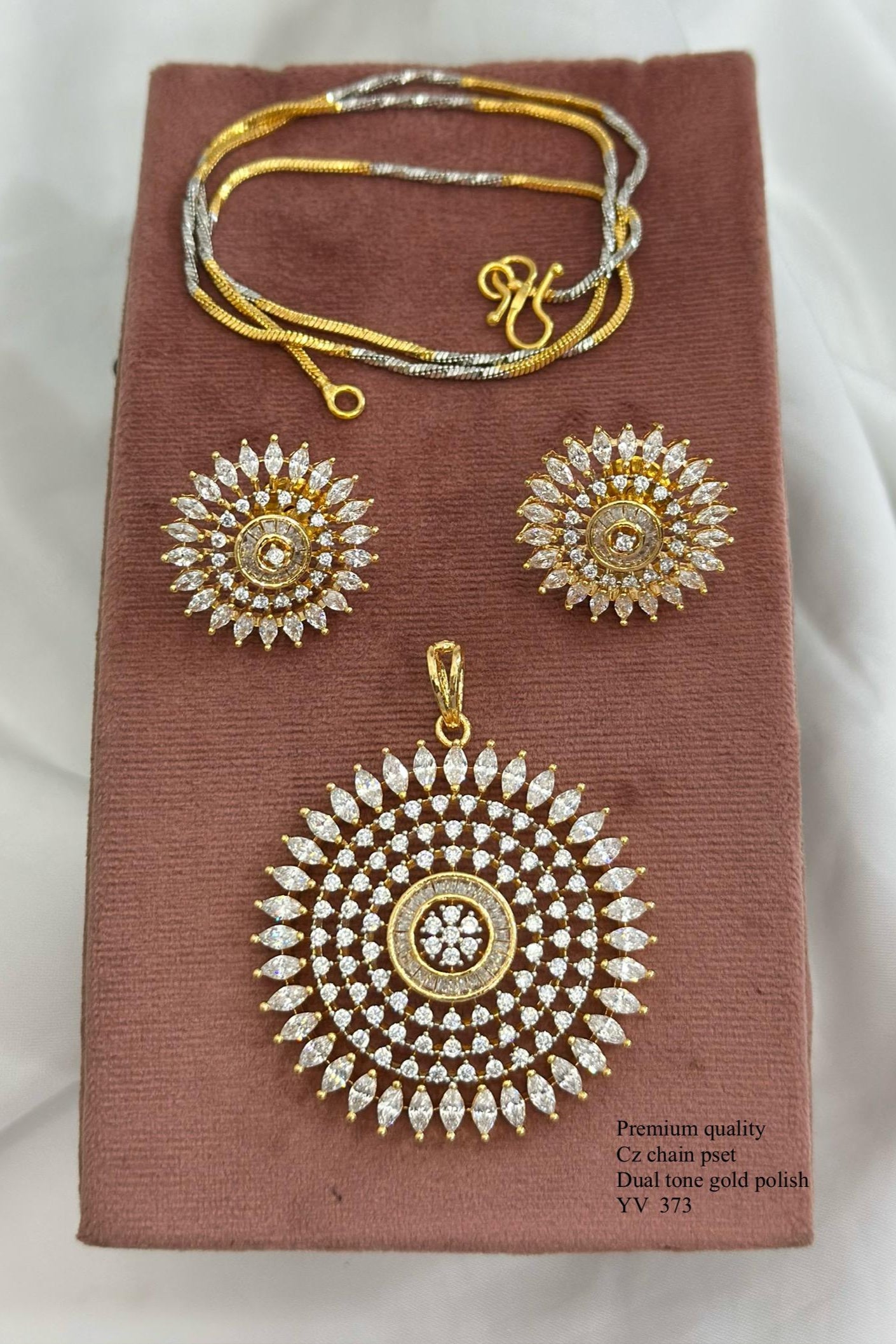 Premium Dual-Tone CZ Necklace Set | Sparkling Floral Pendant & Earrings