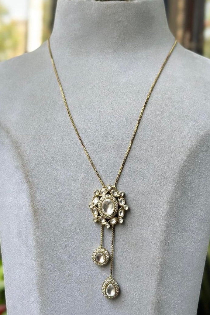 Elegant Floral Clear Stone Necklace Set | Gold-Toned Dangle Pendant & Earrings