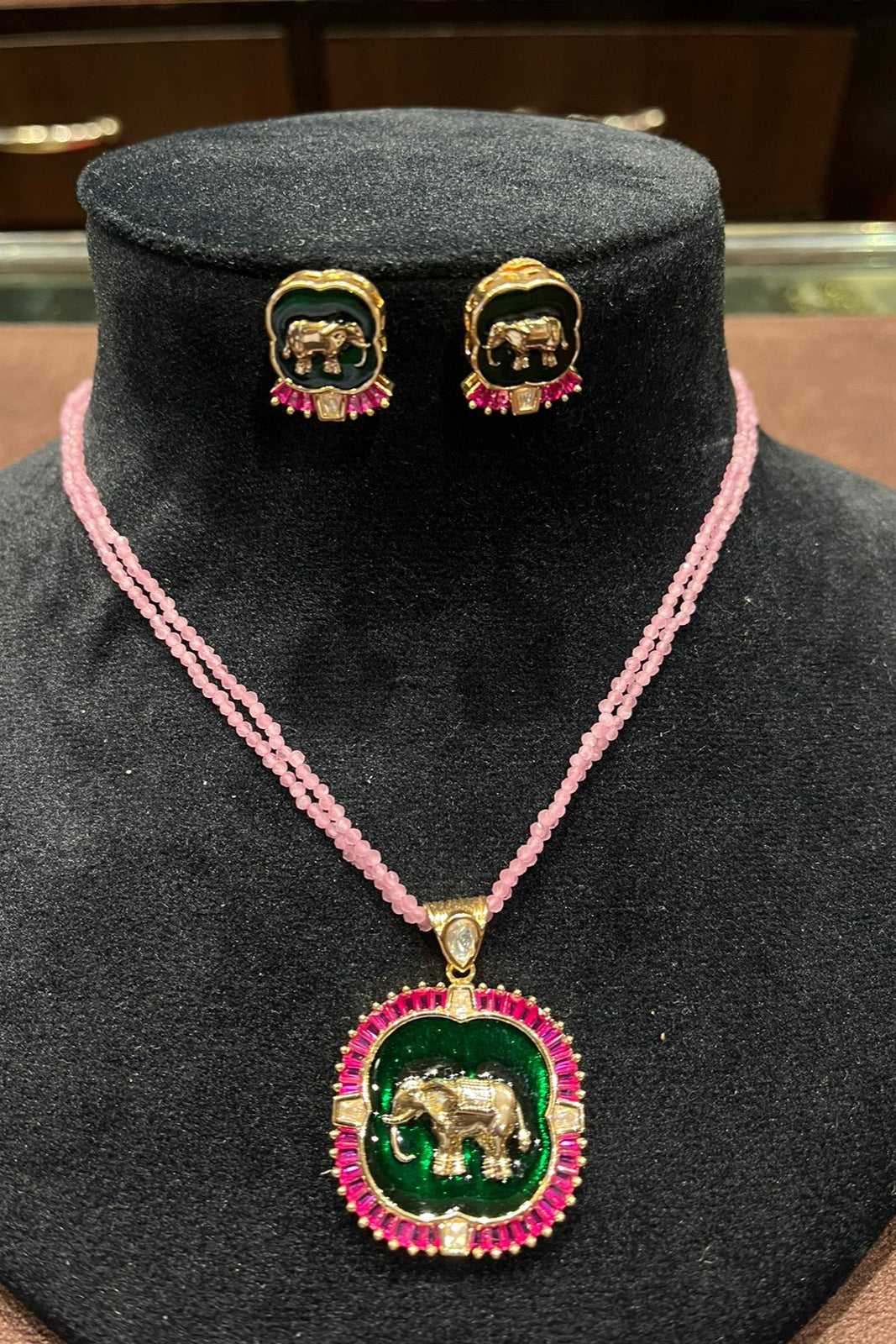 Elephant Motif Kundan Necklace Set | Pink Beaded Chain & Meenakari Earrings
