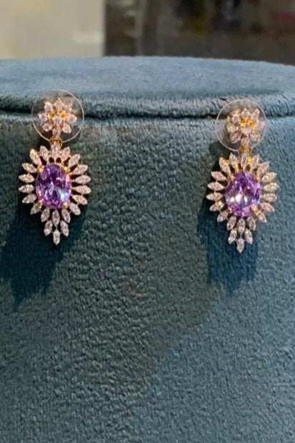 Elegant Amethyst & CZ Floral Necklace Set | Purple Stone & Dainty Gold Jewelry