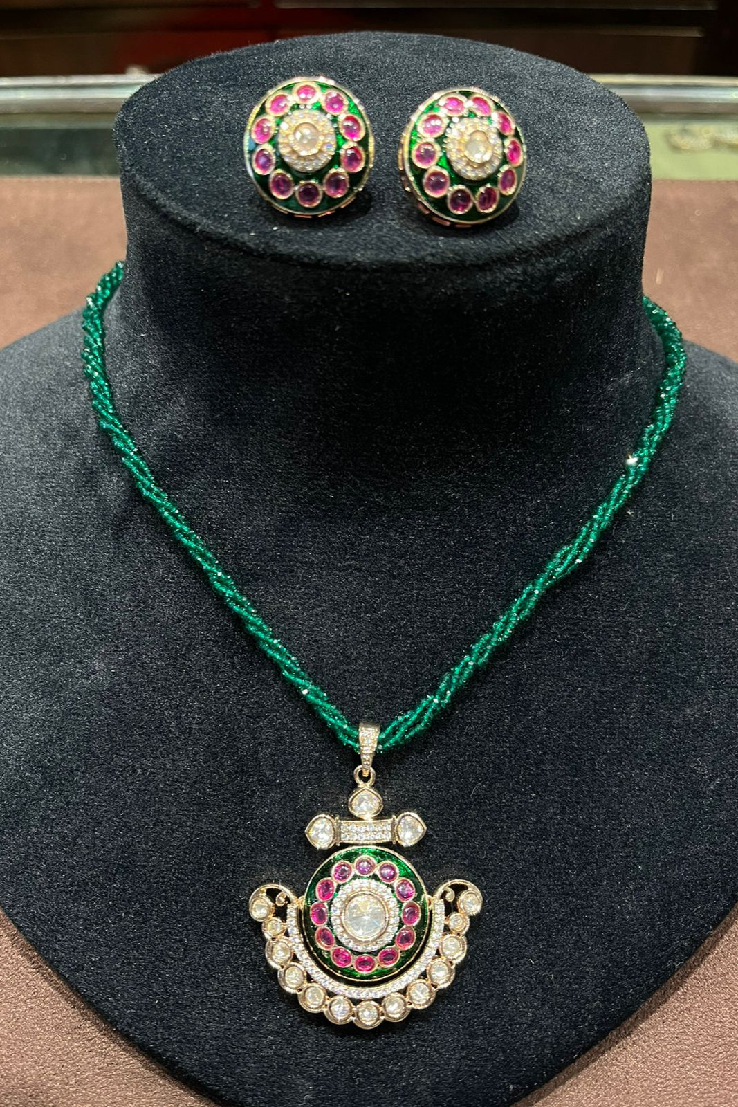 Traditional Kundan & Emerald Green Beaded Necklace Set | Meenakari Jewelry