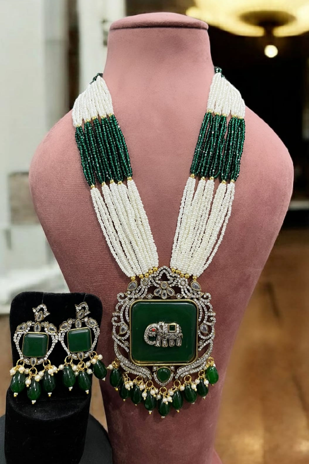 Grand Elephant Motif Beaded Necklace Set | Green & White Traditional Jewelry
