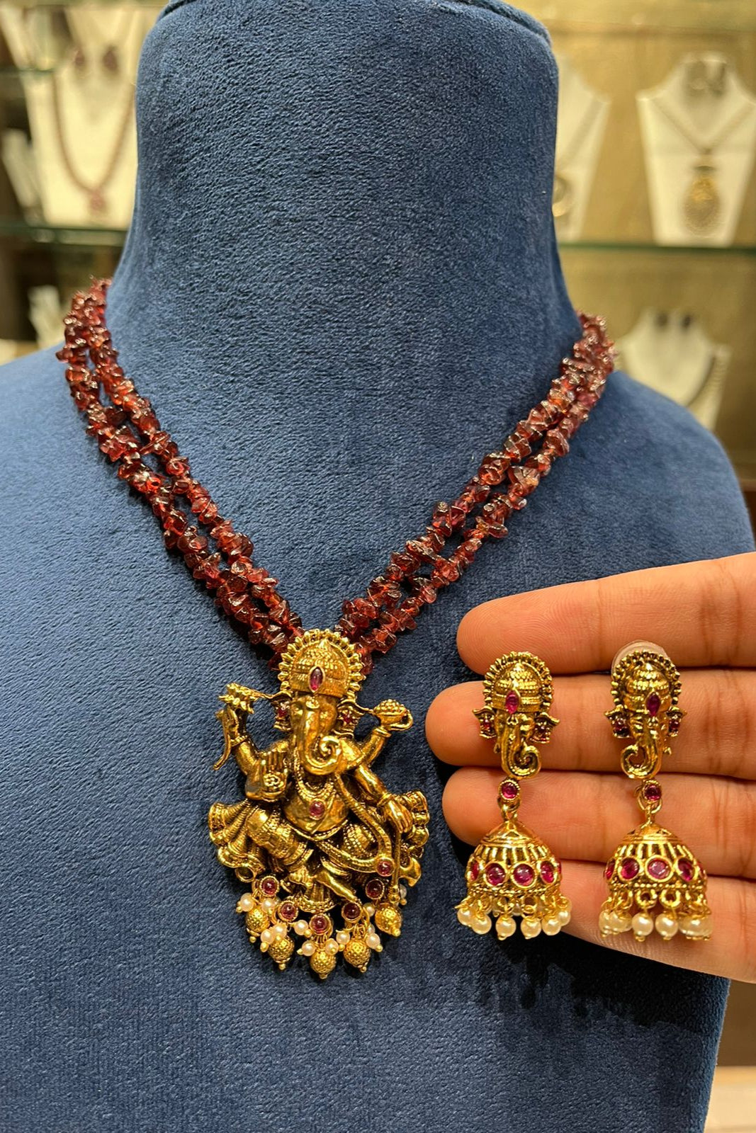 Traditional Lord Ganesha Necklace Set | Red Beaded Chain & Gold Jhumka Earrings