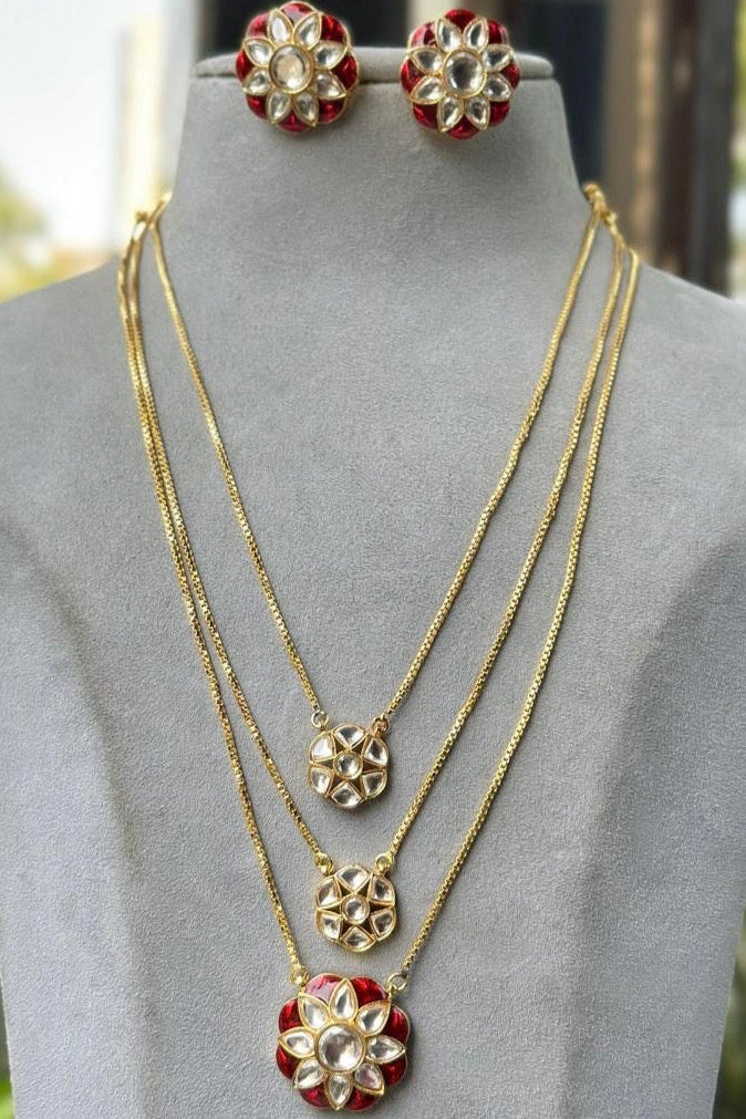 Elegant Red & White Kundan Floral Necklace Set | Multi-Layered Gold Chain Jewelry