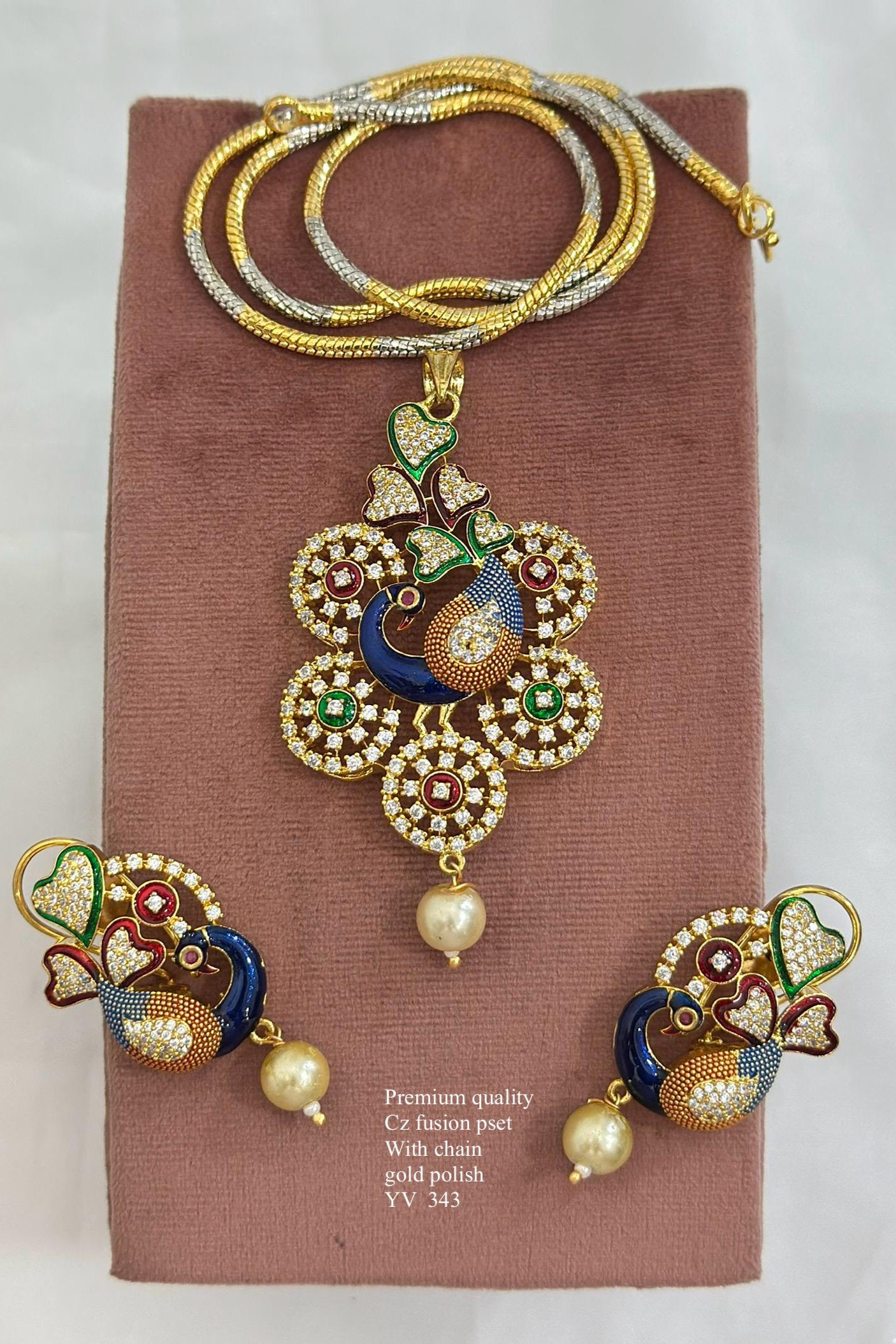 Premium Peacock CZ Fusion Necklace Set | Dual-Tone Chain & Enamel Work
