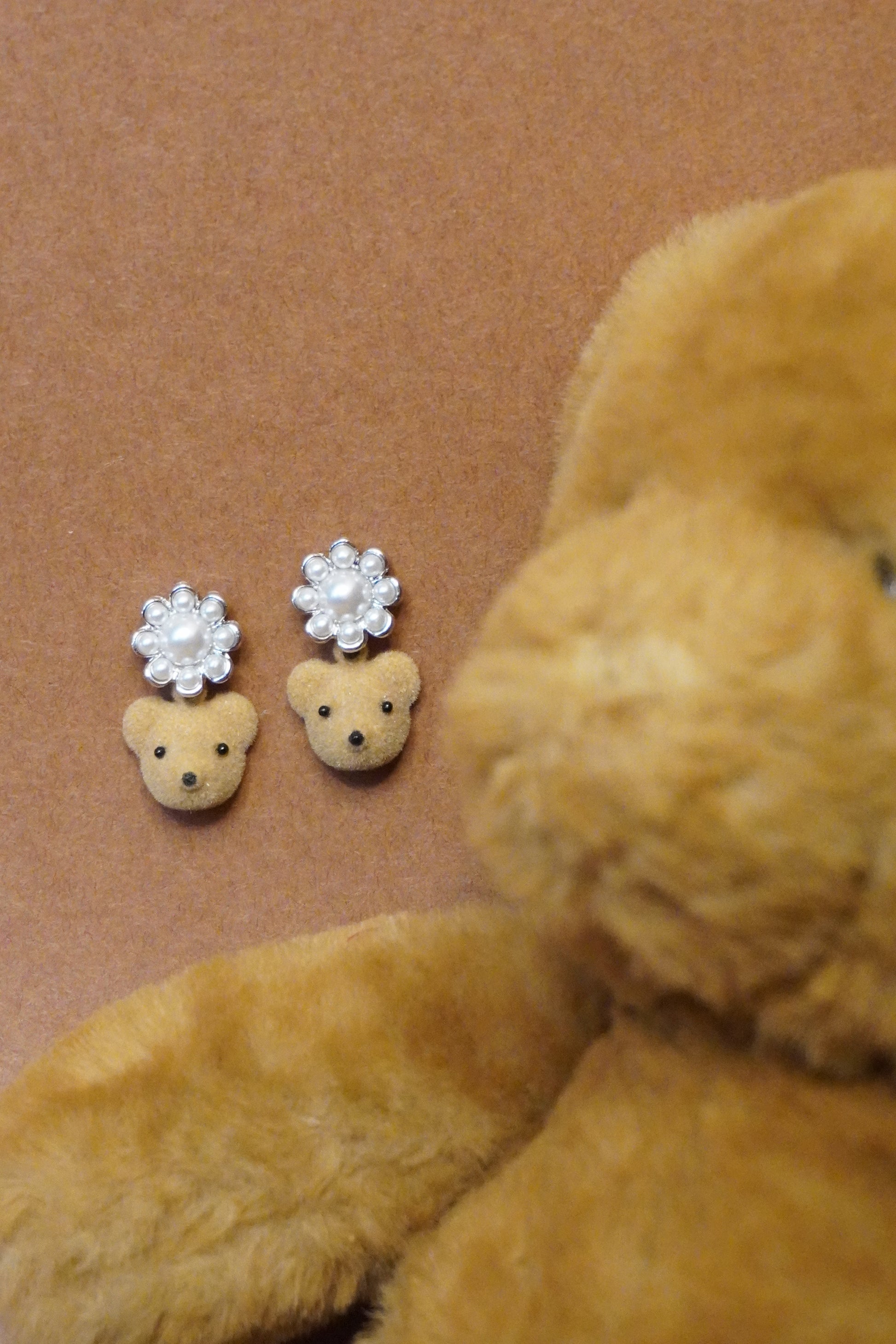 BLOOMY | Teddy Bear Earrings with Pearl Flower | Cute & Trendy Jewellery