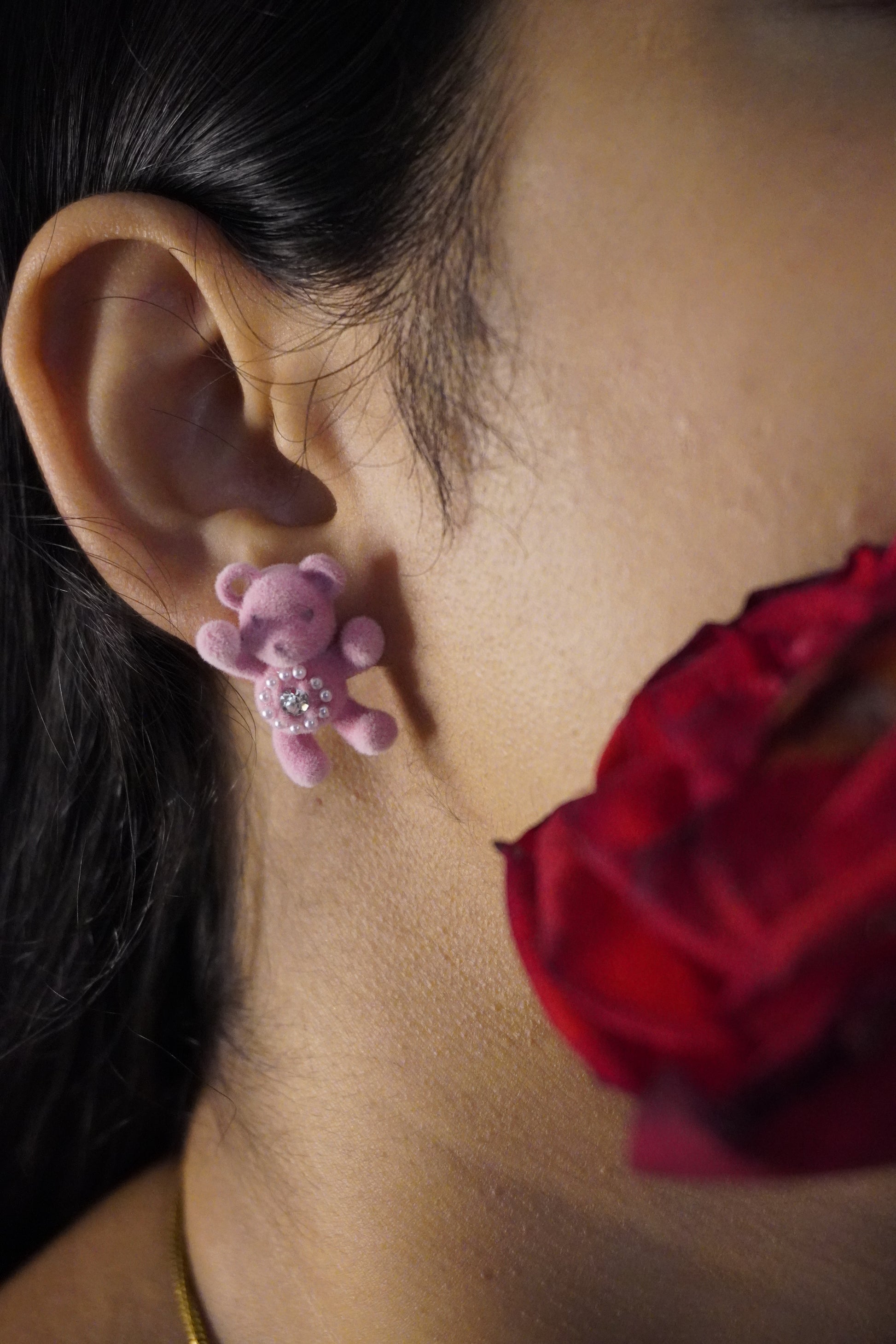 Boo | Teddy Earrings | Pink Plush Bear Earrings with Pearl Belly for Women