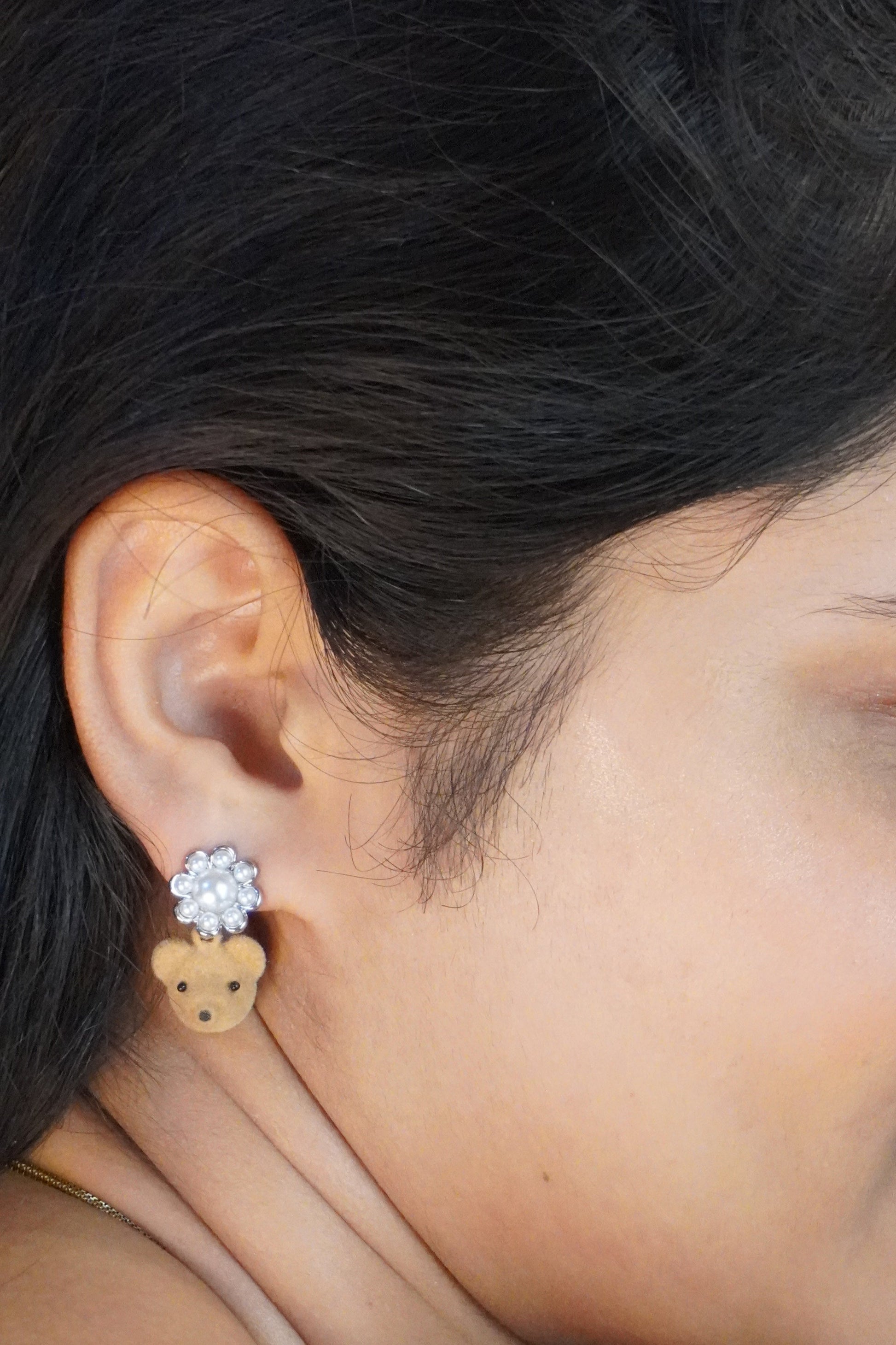 BLOOMY | Teddy Bear Earrings with Pearl Flower | Cute & Trendy Jewellery