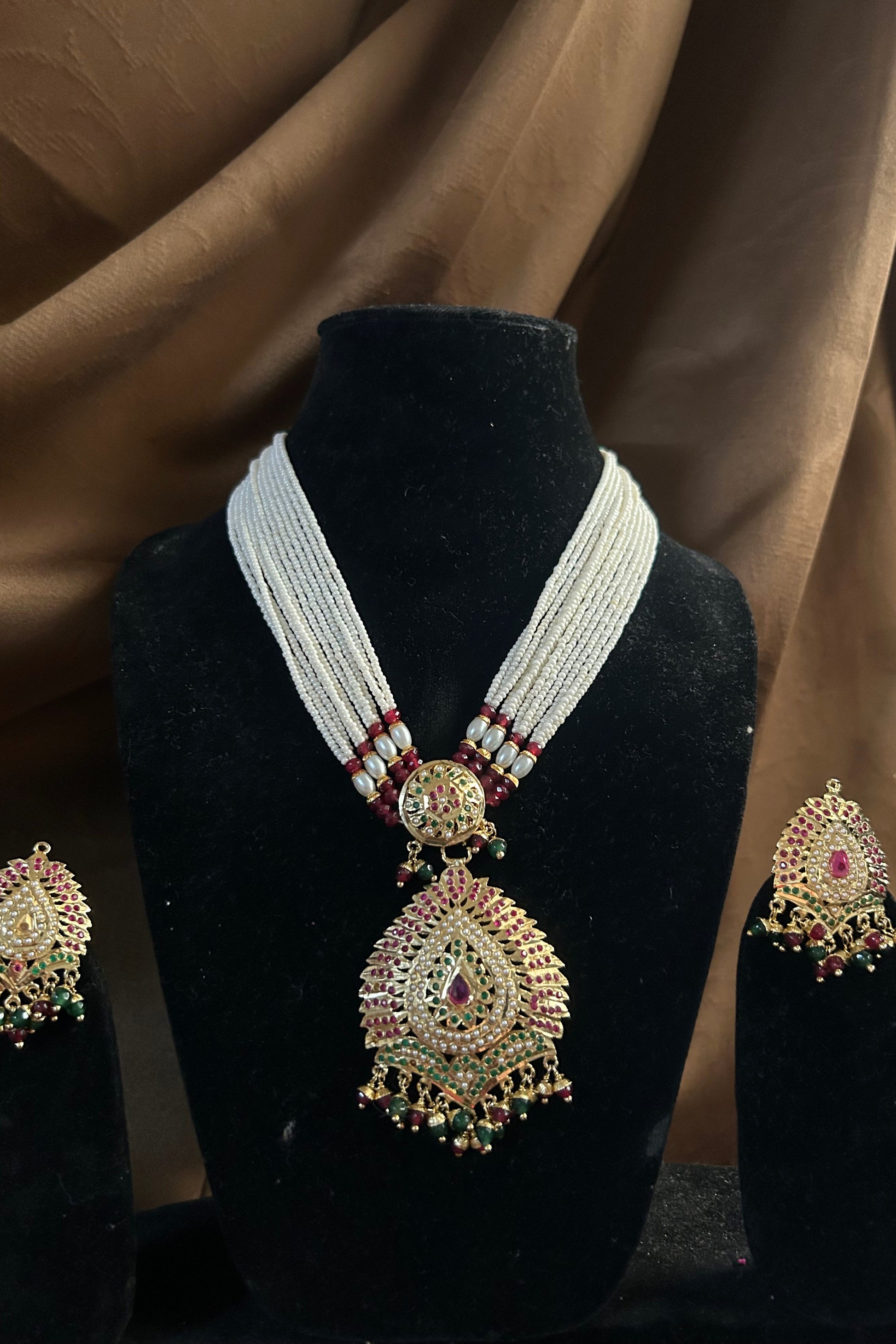 Multi-Strand Pearl Necklace Set with Jade Pendant & Matching Earrings – Bridal & Festive Wear