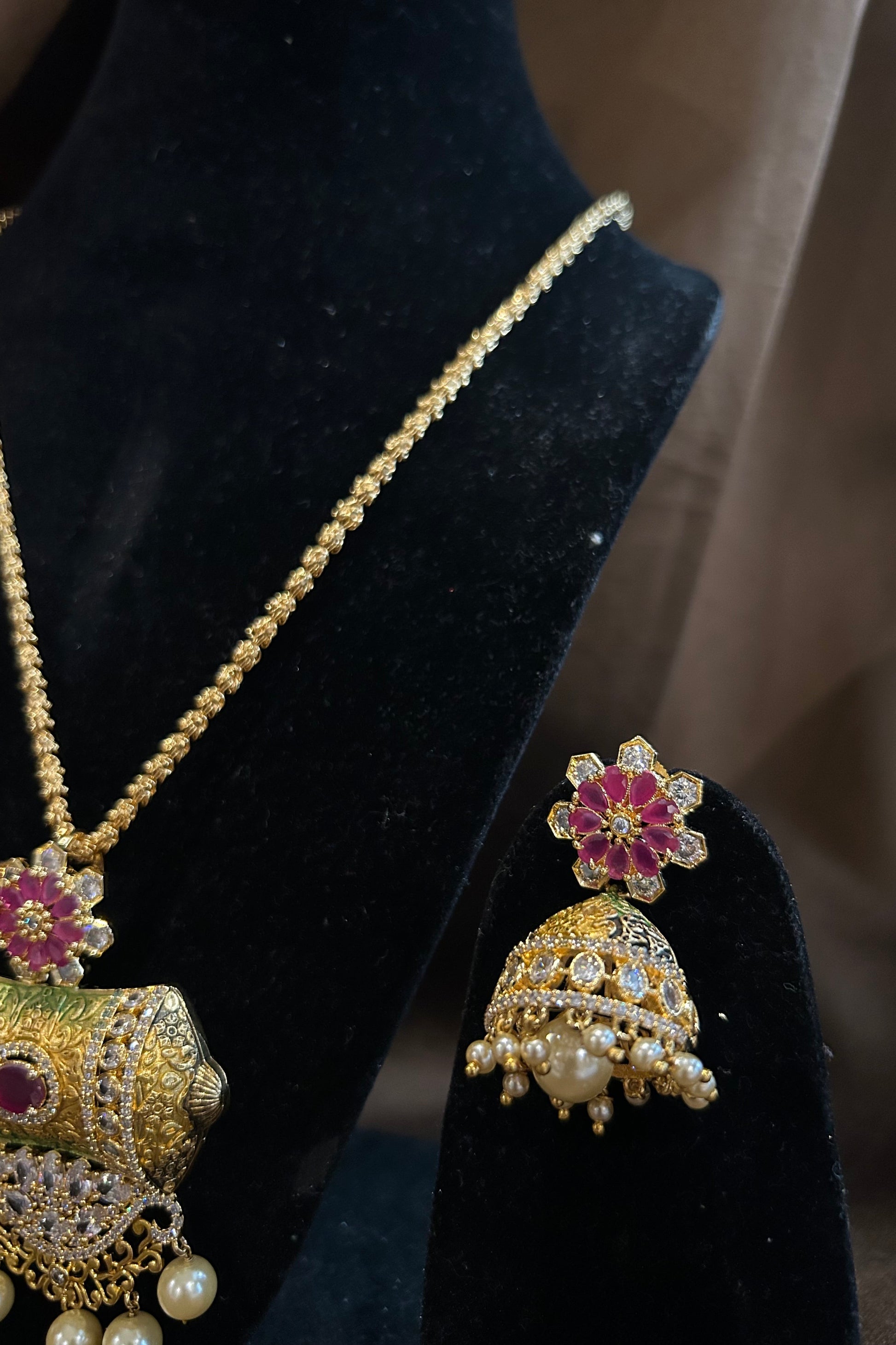Antique Gold Temple Pendant Necklace Set with Pearl Drops & Pink Floral Studs – Traditional South Indian Jewellery
