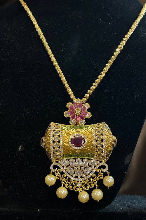 Antique Gold Temple Pendant Necklace Set with Pearl Drops & Pink Floral Studs – Traditional South Indian Jewellery