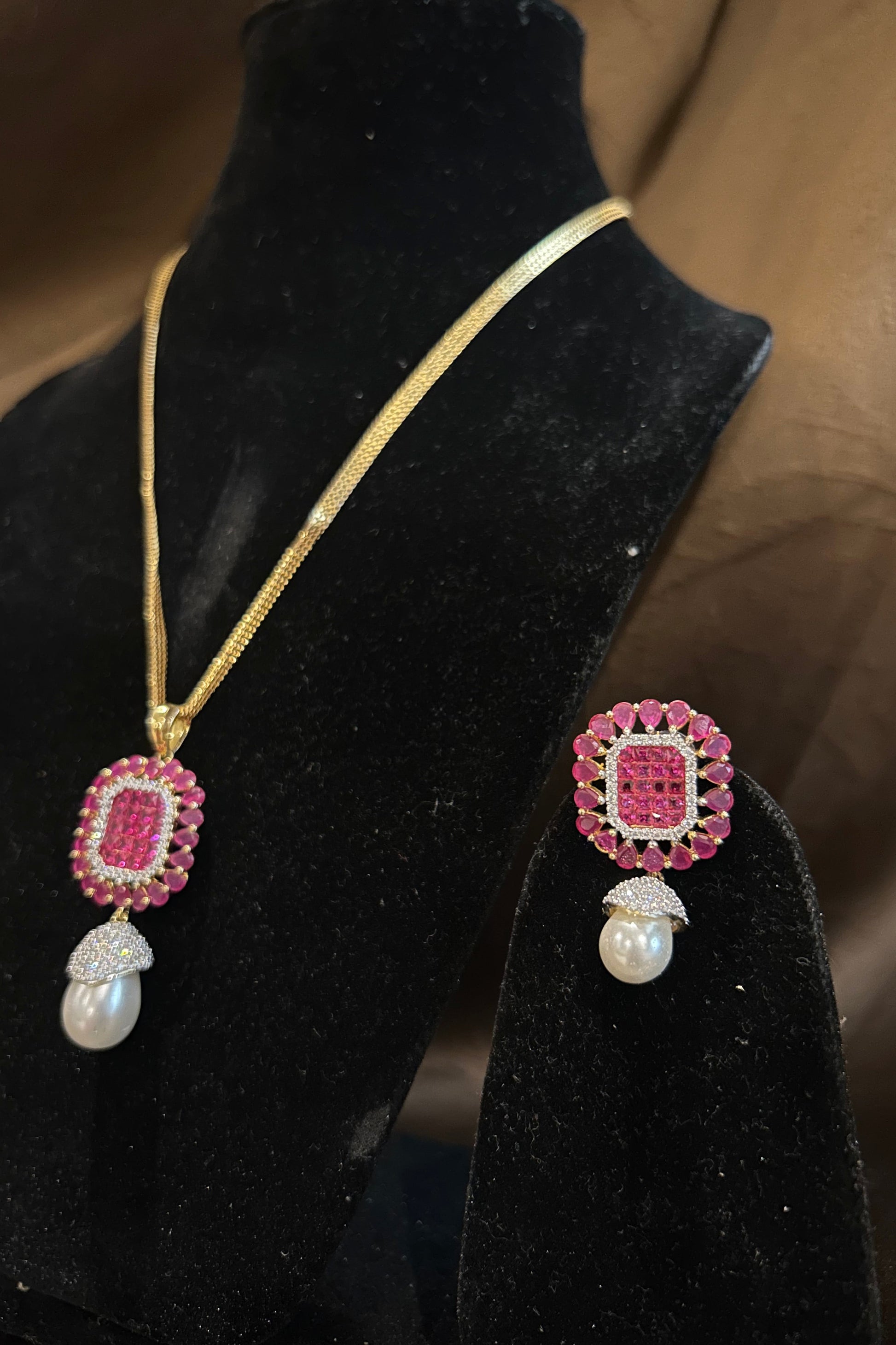 Ruby and Pearl Jewelry Set | Gold Necklace & Earrings
