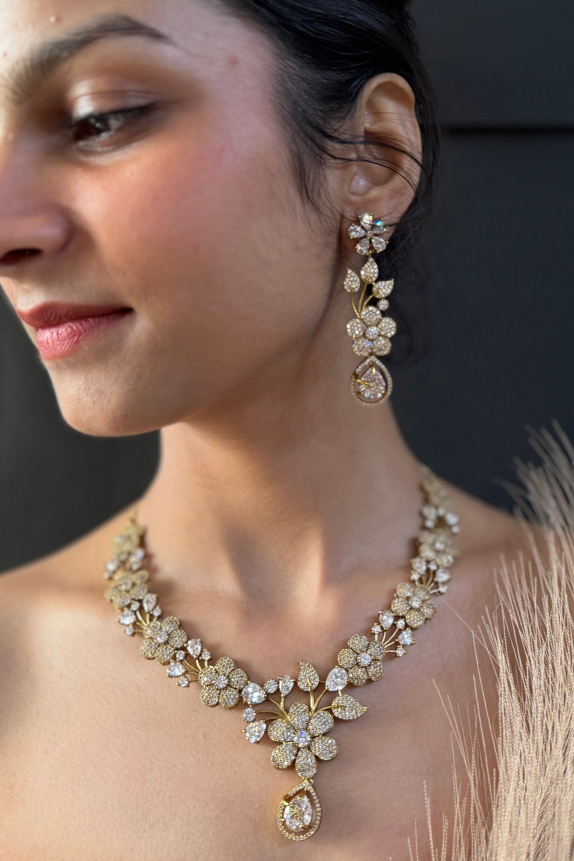 Floral Diamond Necklace Set with Earrings – Elegant Gold Jewelry for Brides & Festive Occasions”