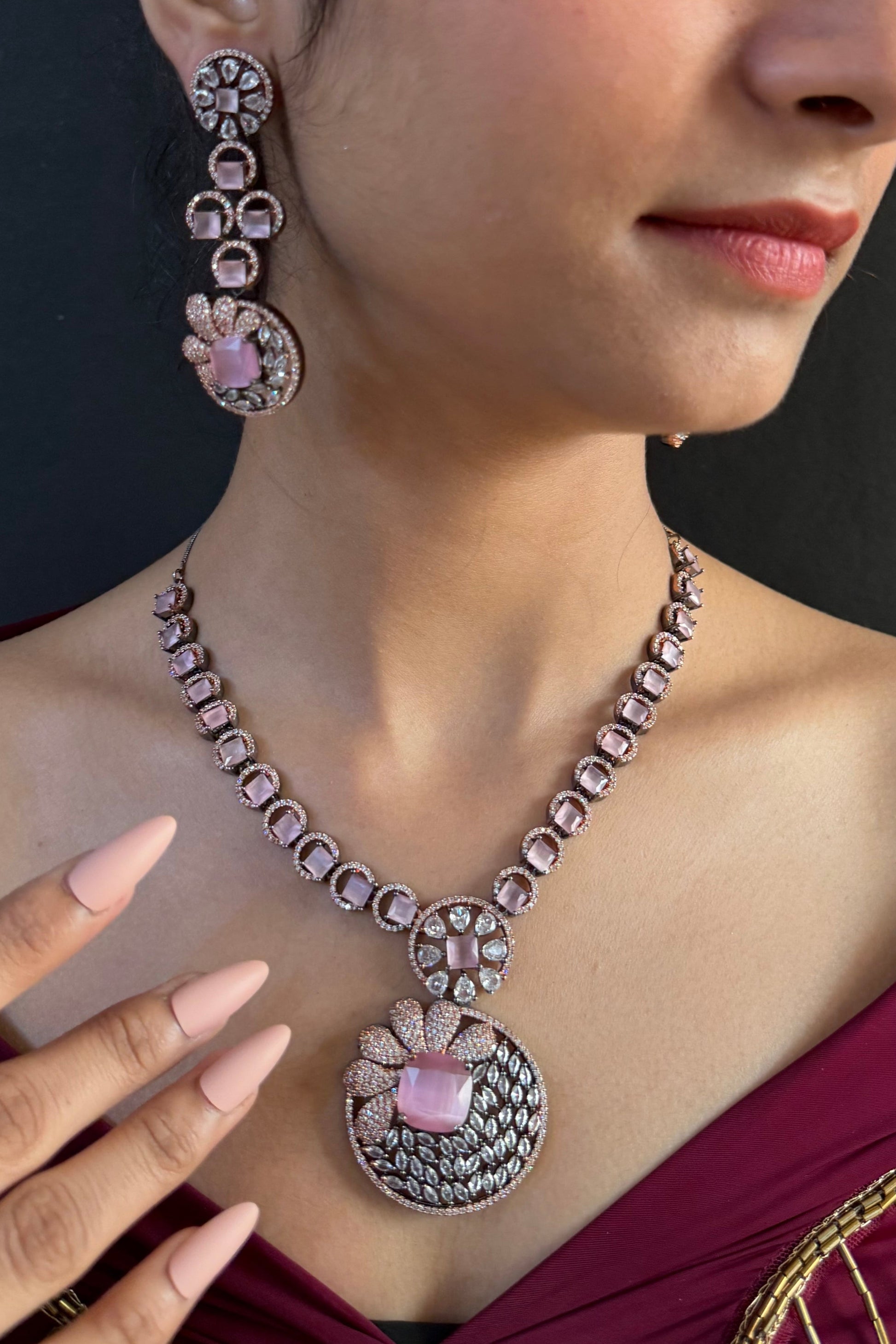 Rose Pink Statement Necklace Set for Women | Designer CZ Jewelry for Weddings & Parties