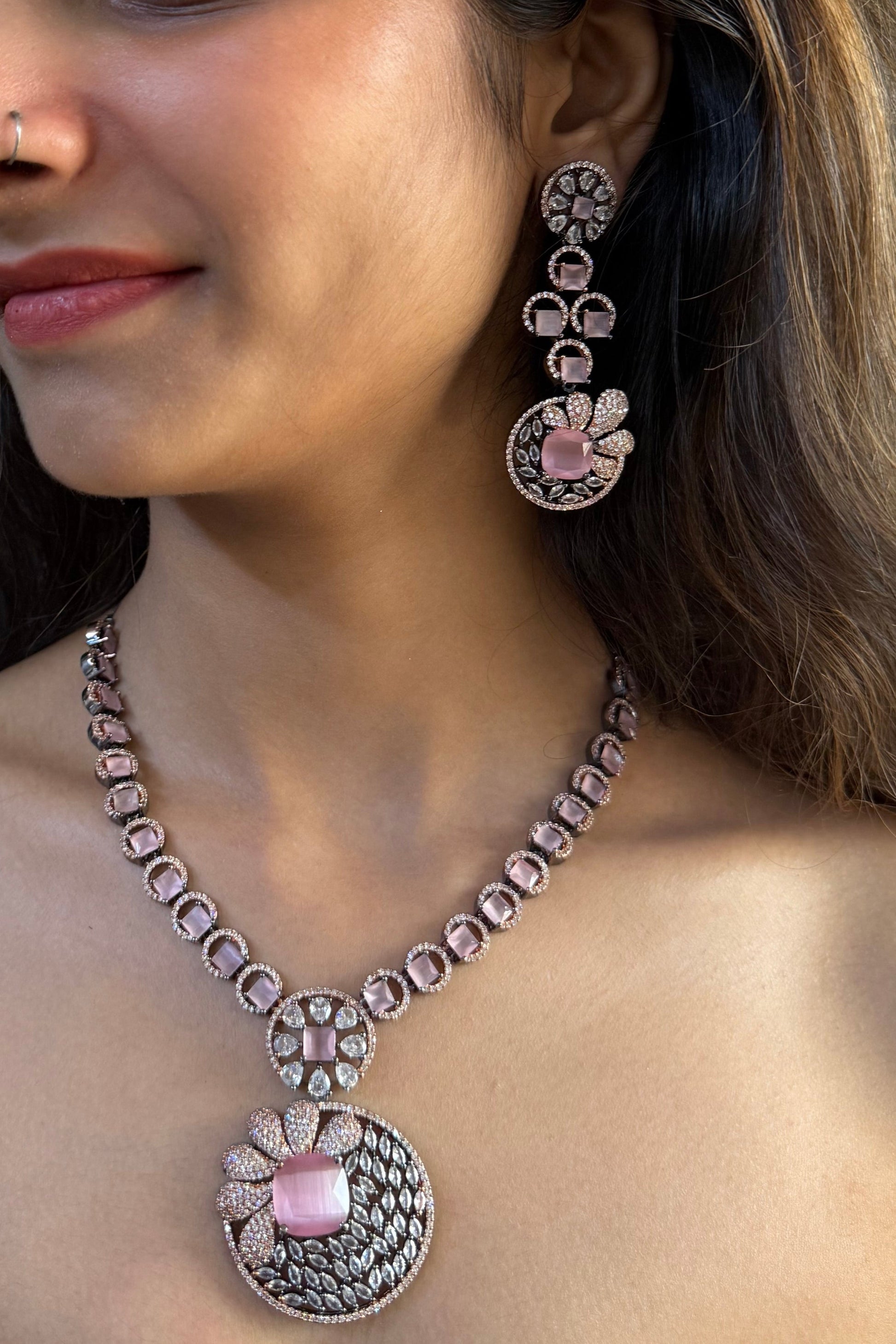 Rose Pink Statement Necklace Set for Women | Designer CZ Jewelry for Weddings & Parties