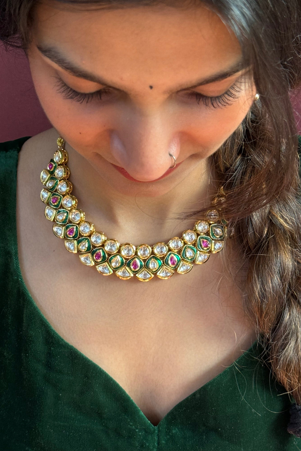 Stunning Gold Necklace and Earrings with Pink Gemstones: A Perfect Match for Green Enamel