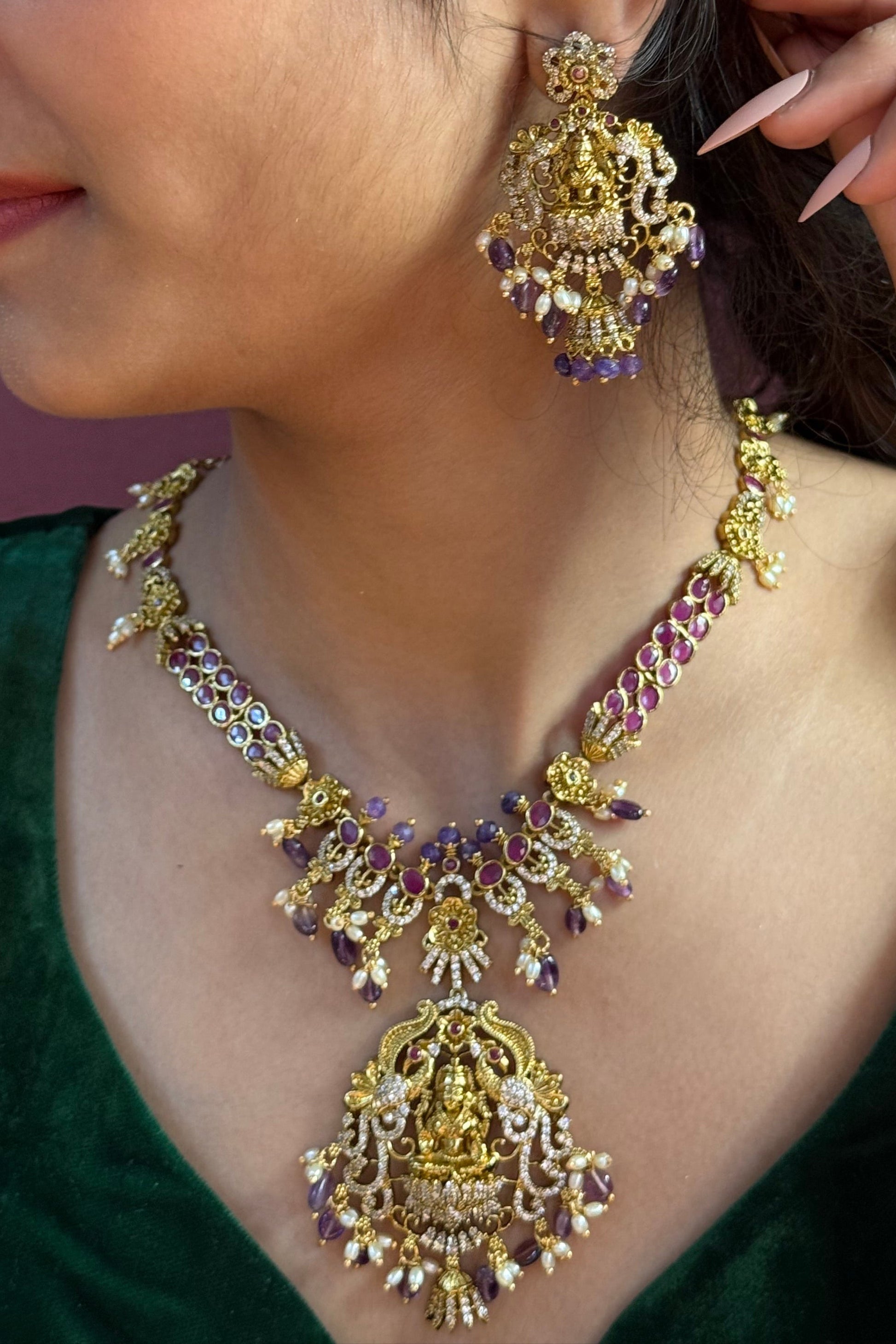 Lakshmi Temple Necklace Set with Amethyst Drops & Kundan Work – Bridal Heritage Jewelry