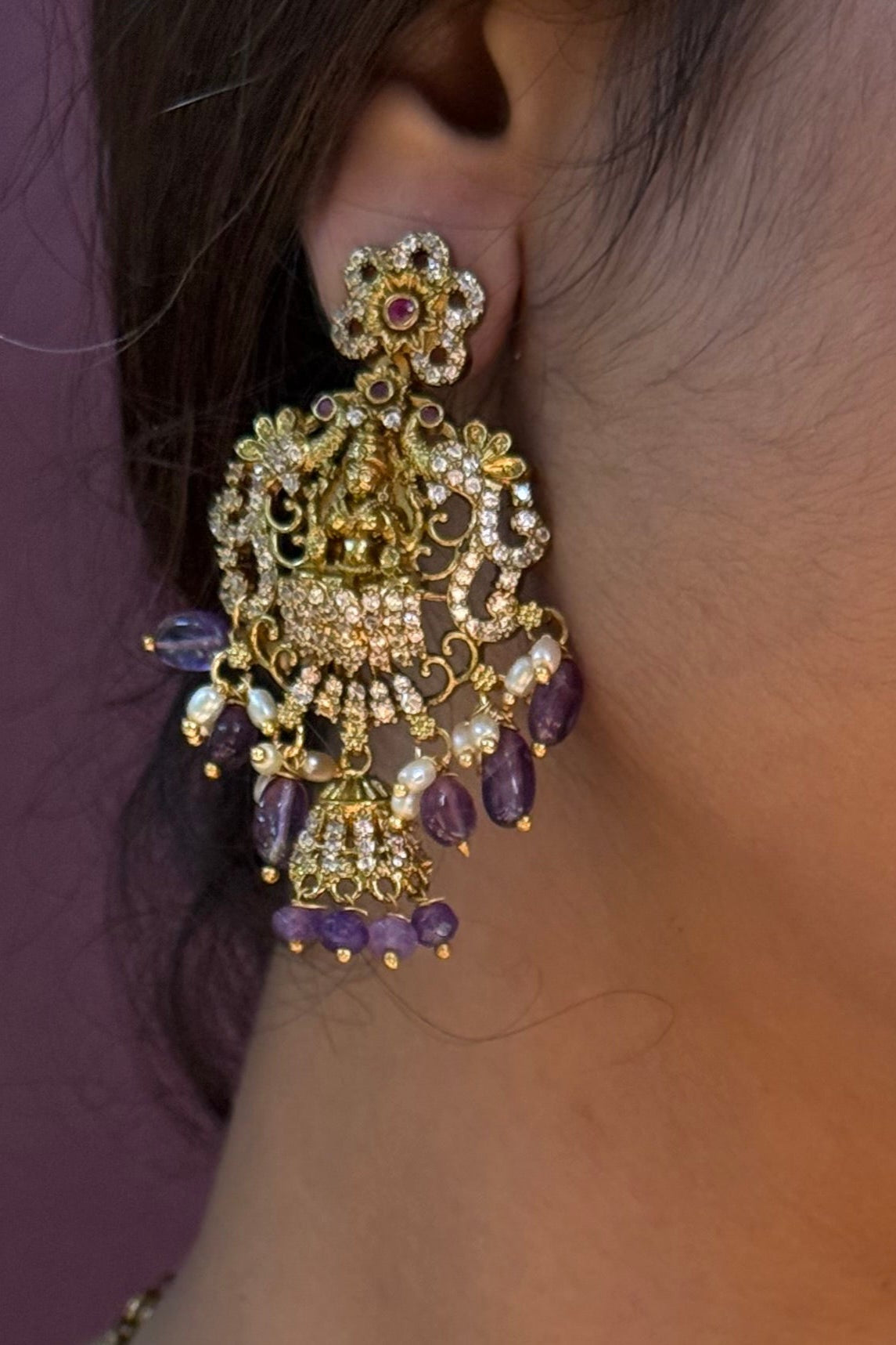 Lakshmi Temple Necklace Set with Amethyst Drops & Kundan Work – Bridal Heritage Jewelry