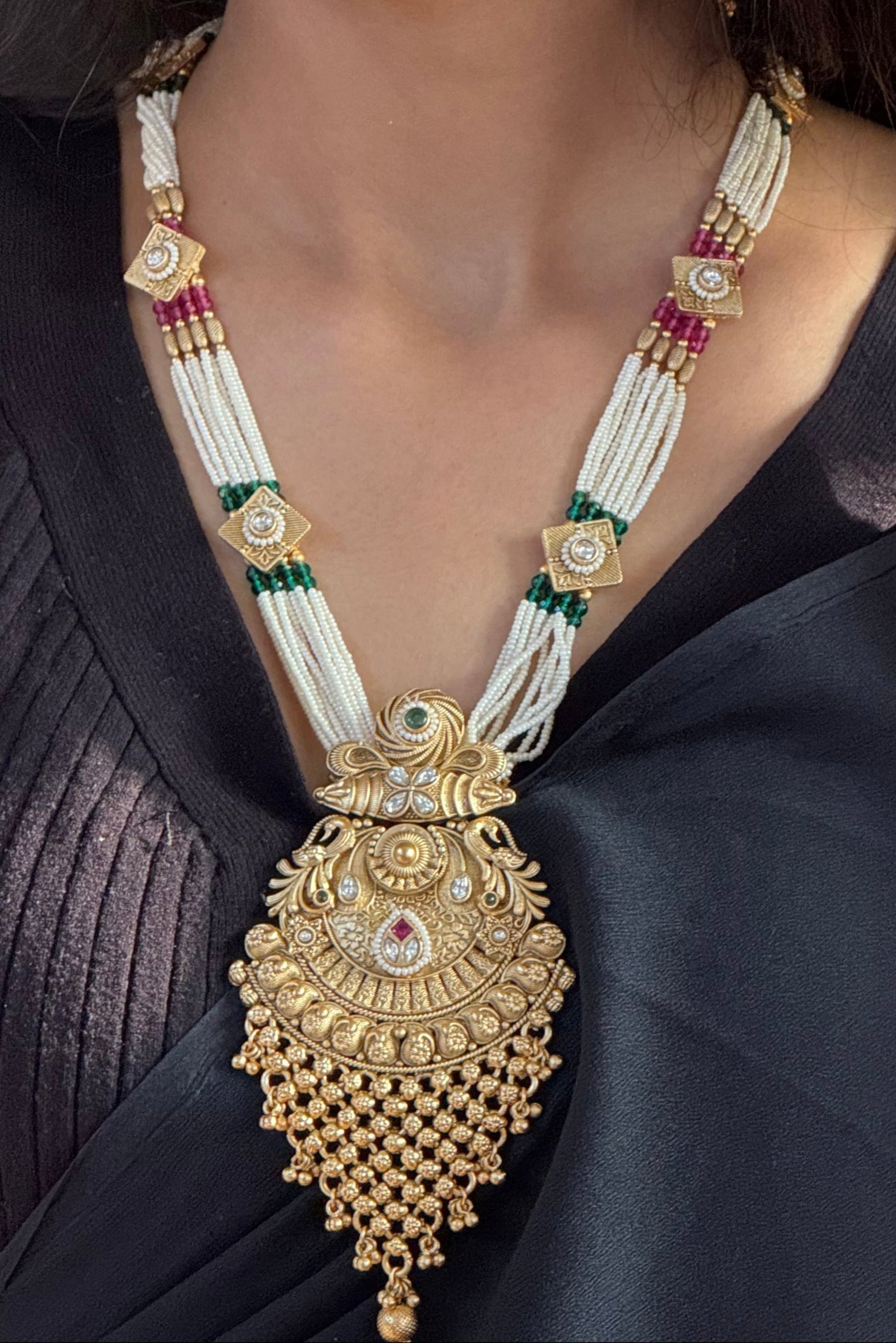 Royal  Necklace Set with Pearl Beads & Antique Gold Finish – Bridal Jewelry