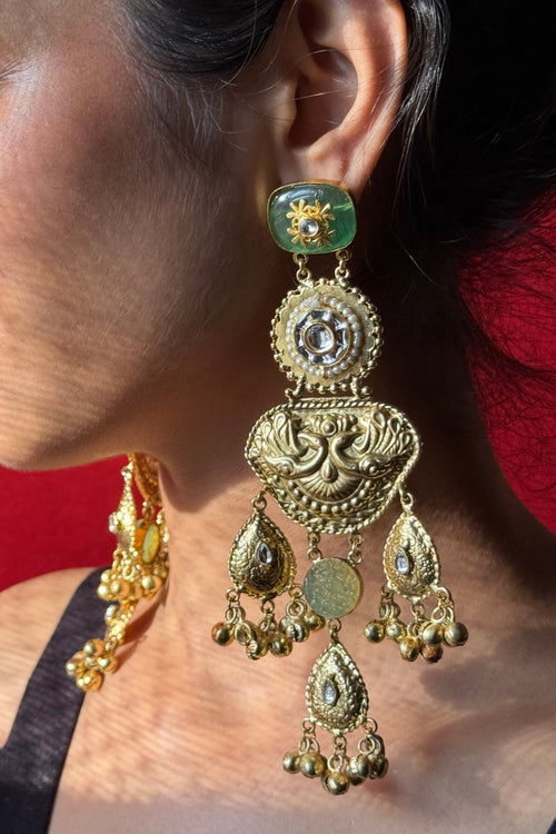 Antique Gold Temple Jhumka Earrings with Green Enamel & Kundan Work