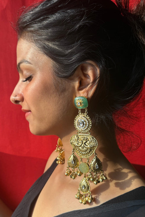 Antique Gold Temple Jhumka Earrings with Green Enamel & Kundan Work