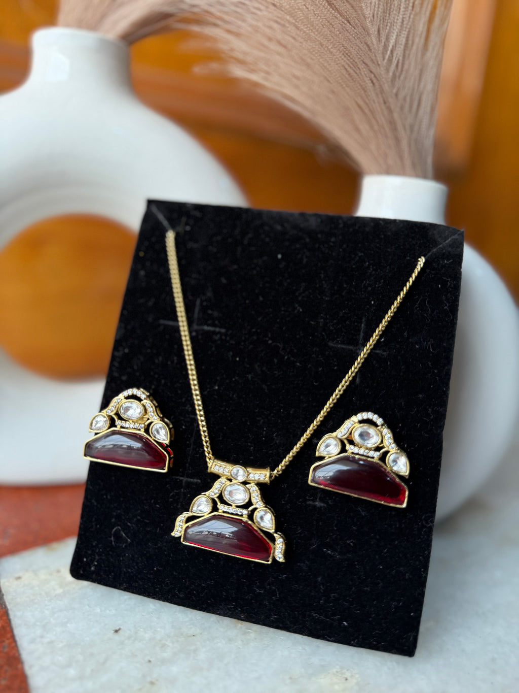 Handcrafted Gold Kundan Necklace with Red Stone Pendant | Traditional Indian Jewellery