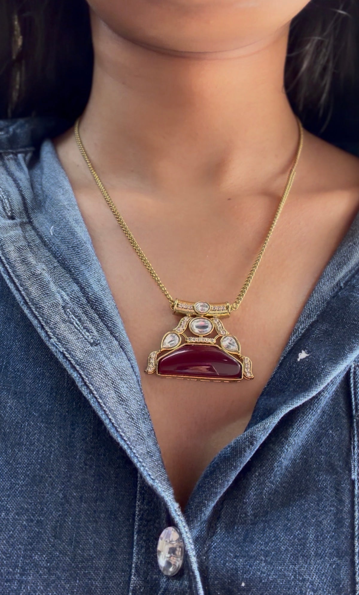 Handcrafted Gold Kundan Necklace with Red Stone Pendant | Traditional Indian Jewellery