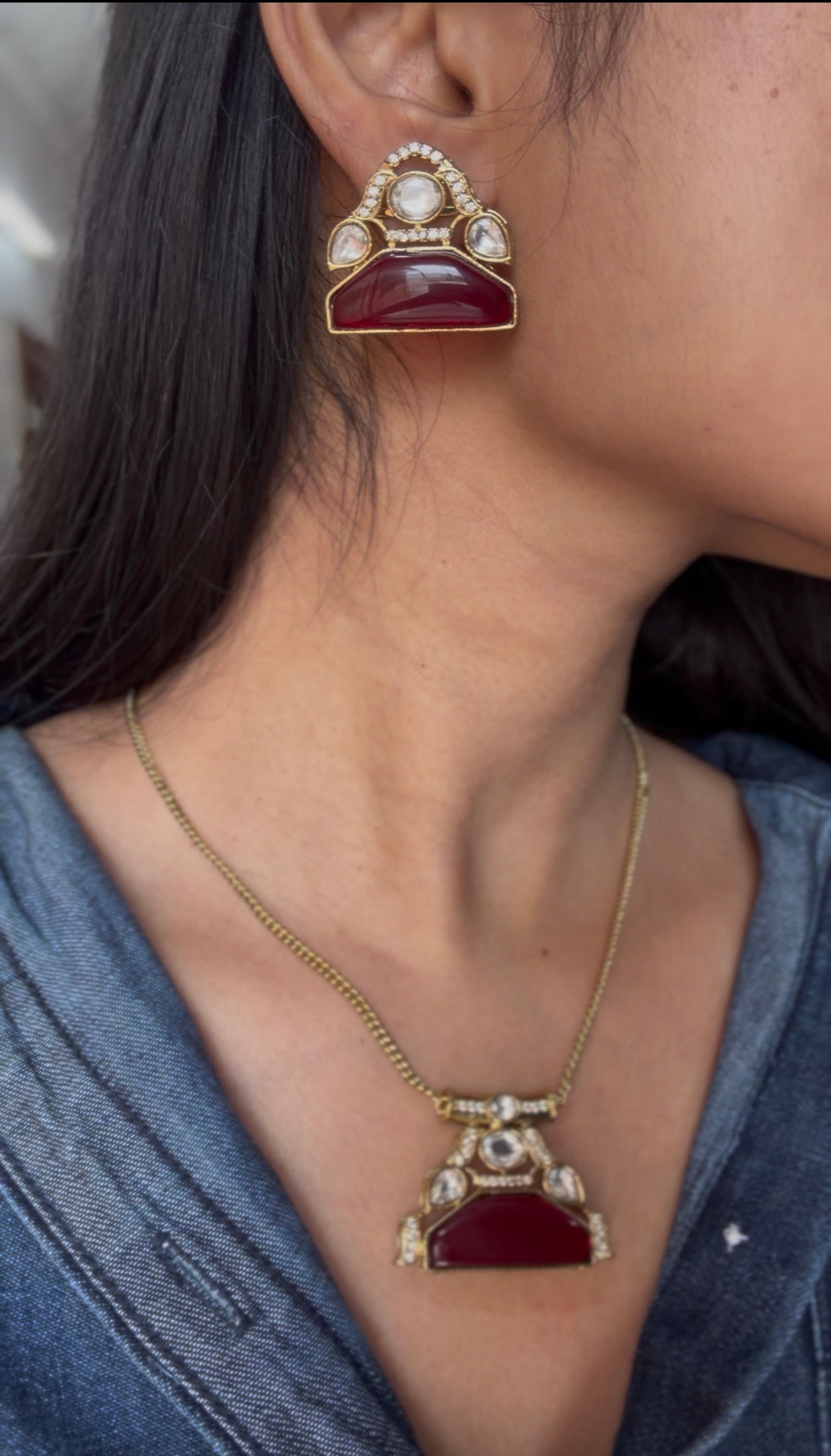 Handcrafted Gold Kundan Necklace with Red Stone Pendant | Traditional Indian Jewellery