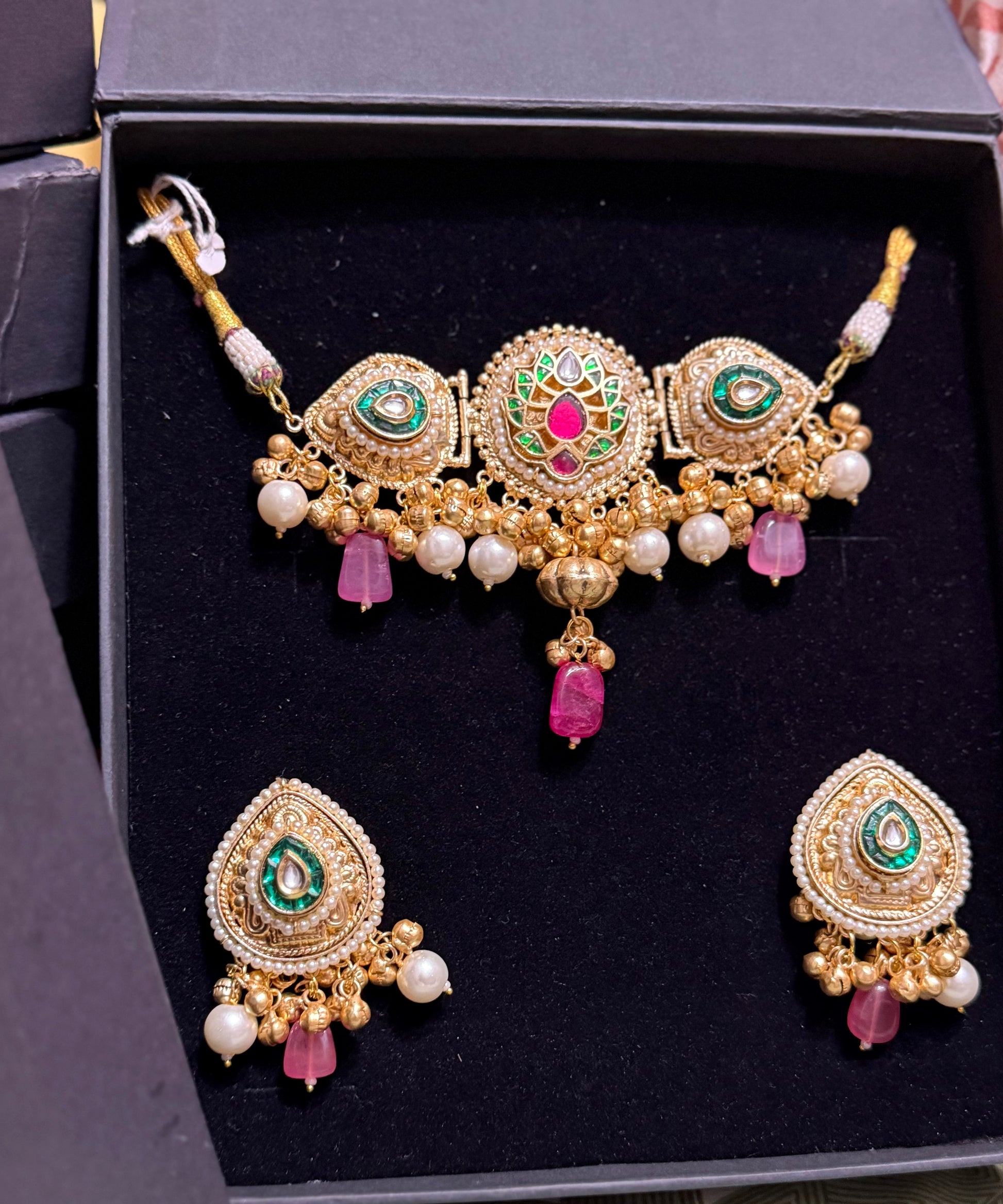 Royal Handcrafted Kundan Choker Necklace Set with Pearls, Meenakari & Pink Stone Drops