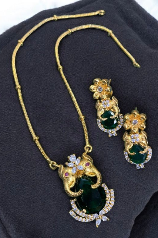 Gold-Plated Pink Stone Pendant Necklace Set with CZ Detailing