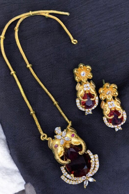 Gold-Plated Pink Stone Pendant Necklace Set with CZ Detailing