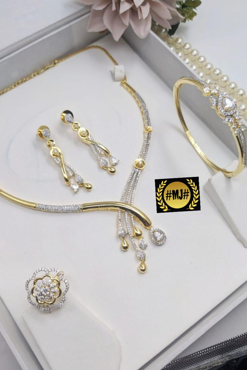 Gold-Plated American Diamond Jewelry Set with Ring, Necklace, Earrings & Bracelet – Bridal & Party Wear