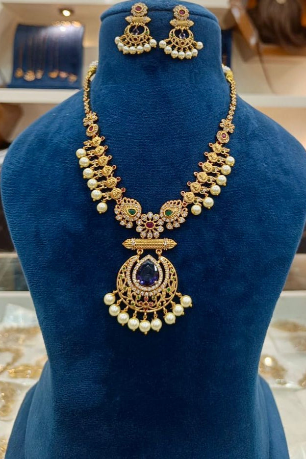 Traditional Gold-Plated Temple Necklace Set with Pearls & Stone Pendant – Bridal & Ethnic Jewelry for Women