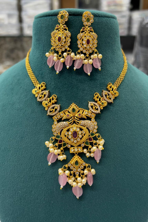 Antique Gold-Plated Necklace Set with Colored Beads & Kundan Work – Traditional Bridal Jewelry for Women