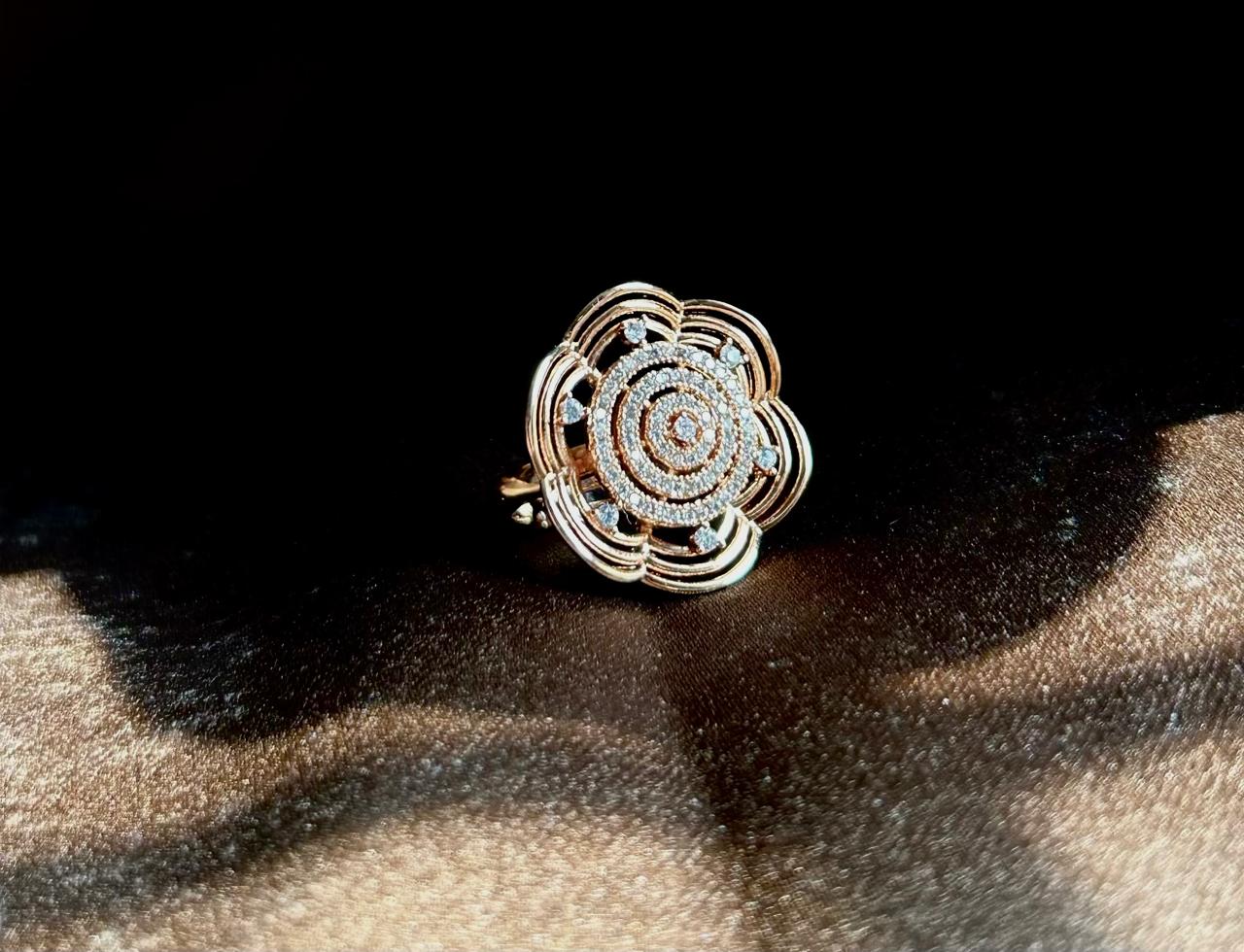 Gold Flower Ring with Diamond Center and Petals