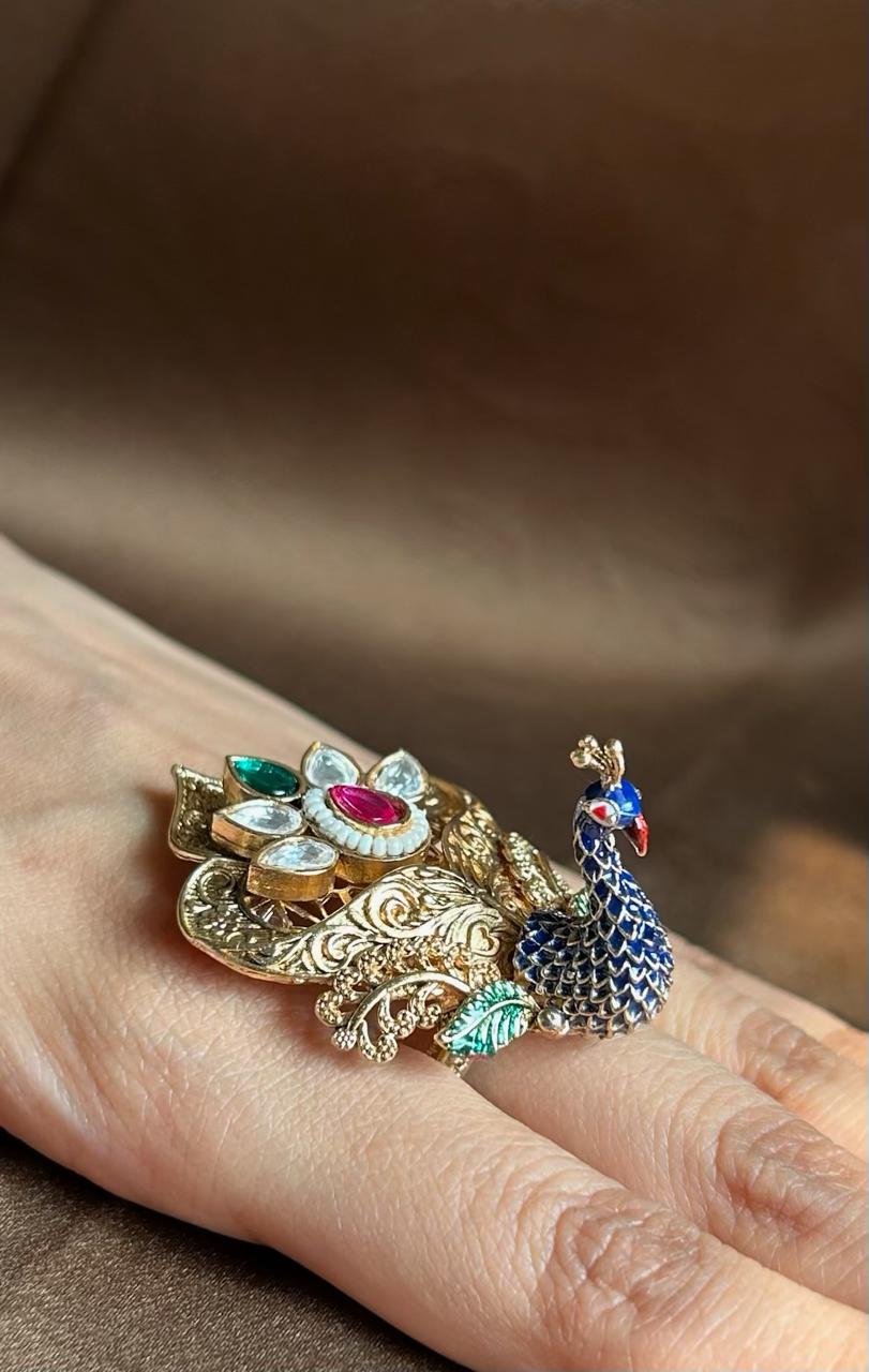 Elegant Peacock Design Gold Statement Ring with Kundan & Enamel Work