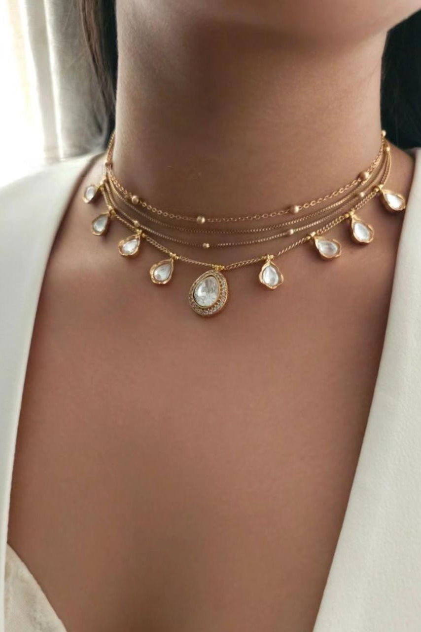 Elegant Multi-Layered Gold-Toned Necklace | Teardrop Stone Choker