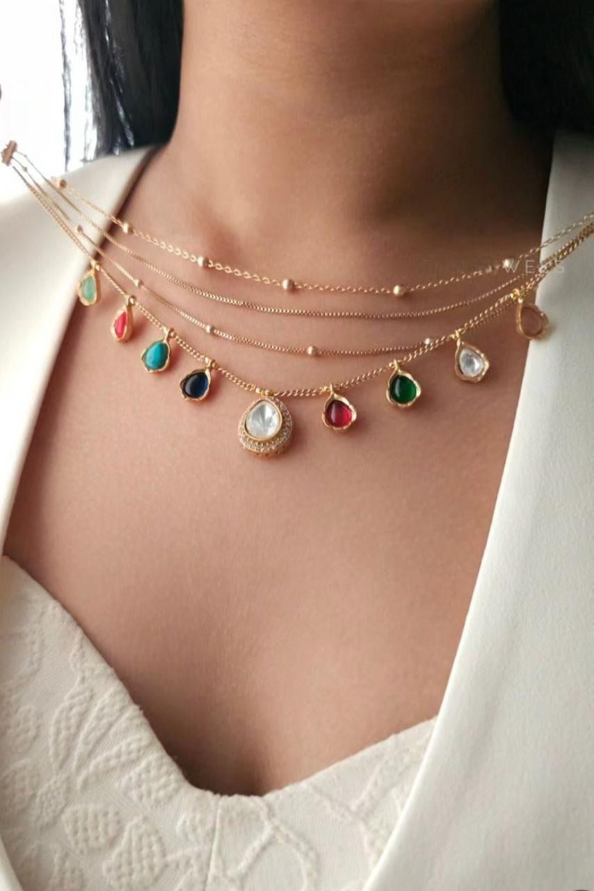 Vibrant Multi-Layered Gold-Tone Necklace | Colorful Teardrop Stone Choker