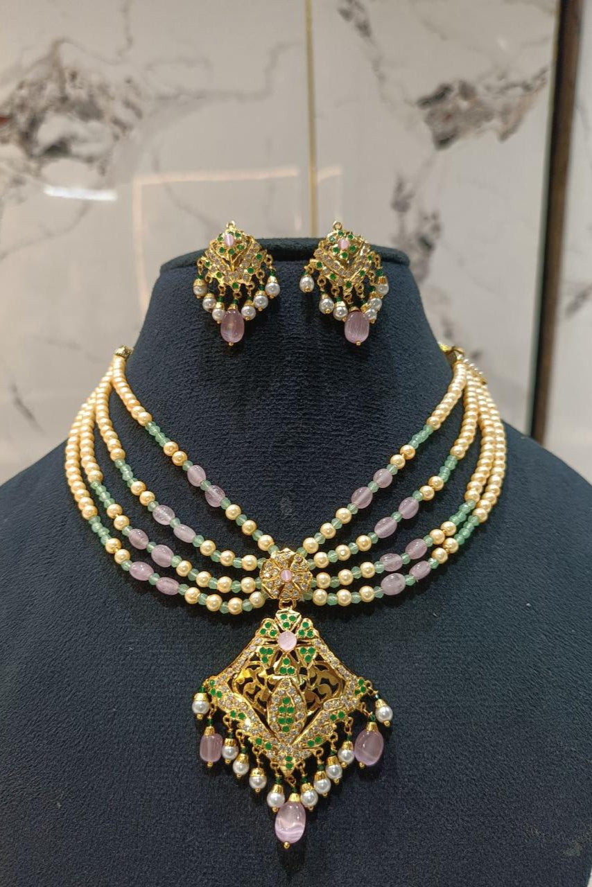 Traditional Beaded Necklace Set | Green, Pink & Pearl Gold-Tone Jewelry