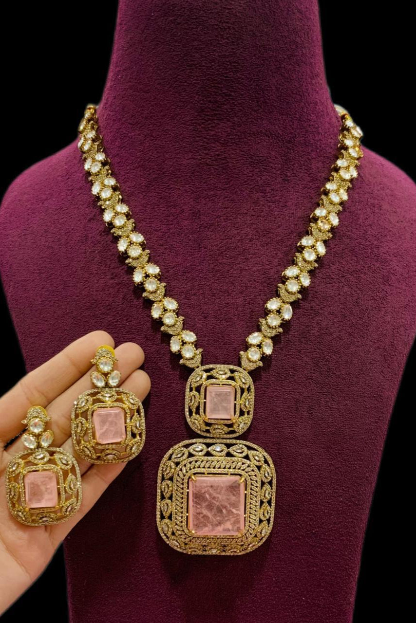 Grand Pink Stone & Kundan Necklace Set | Statement Traditional Jewelry